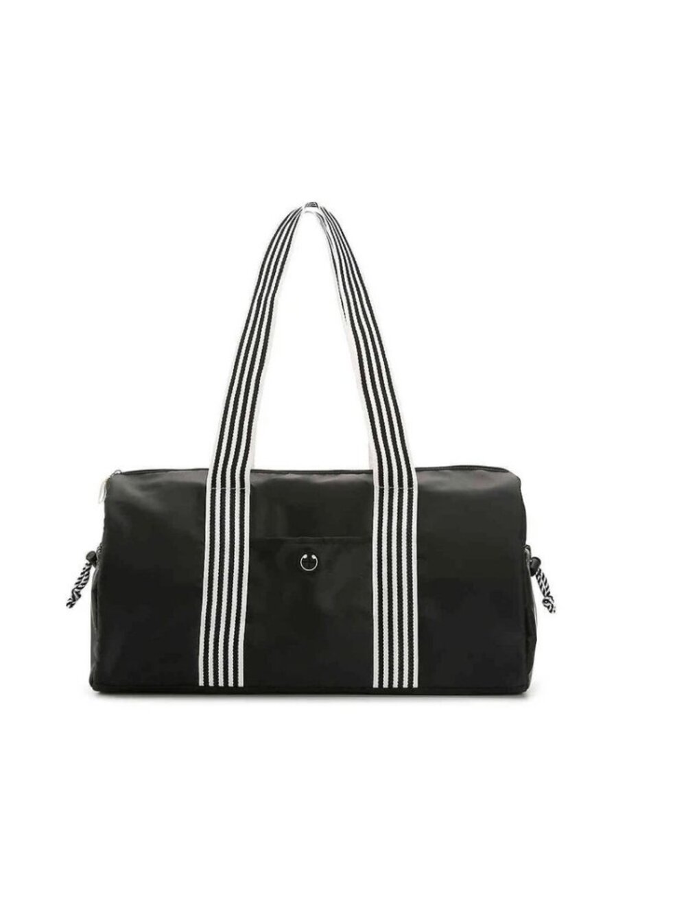 DSW Black Nylon Duffel Bag Travel Gym Weekender Striped Handles Zip Top Pockets